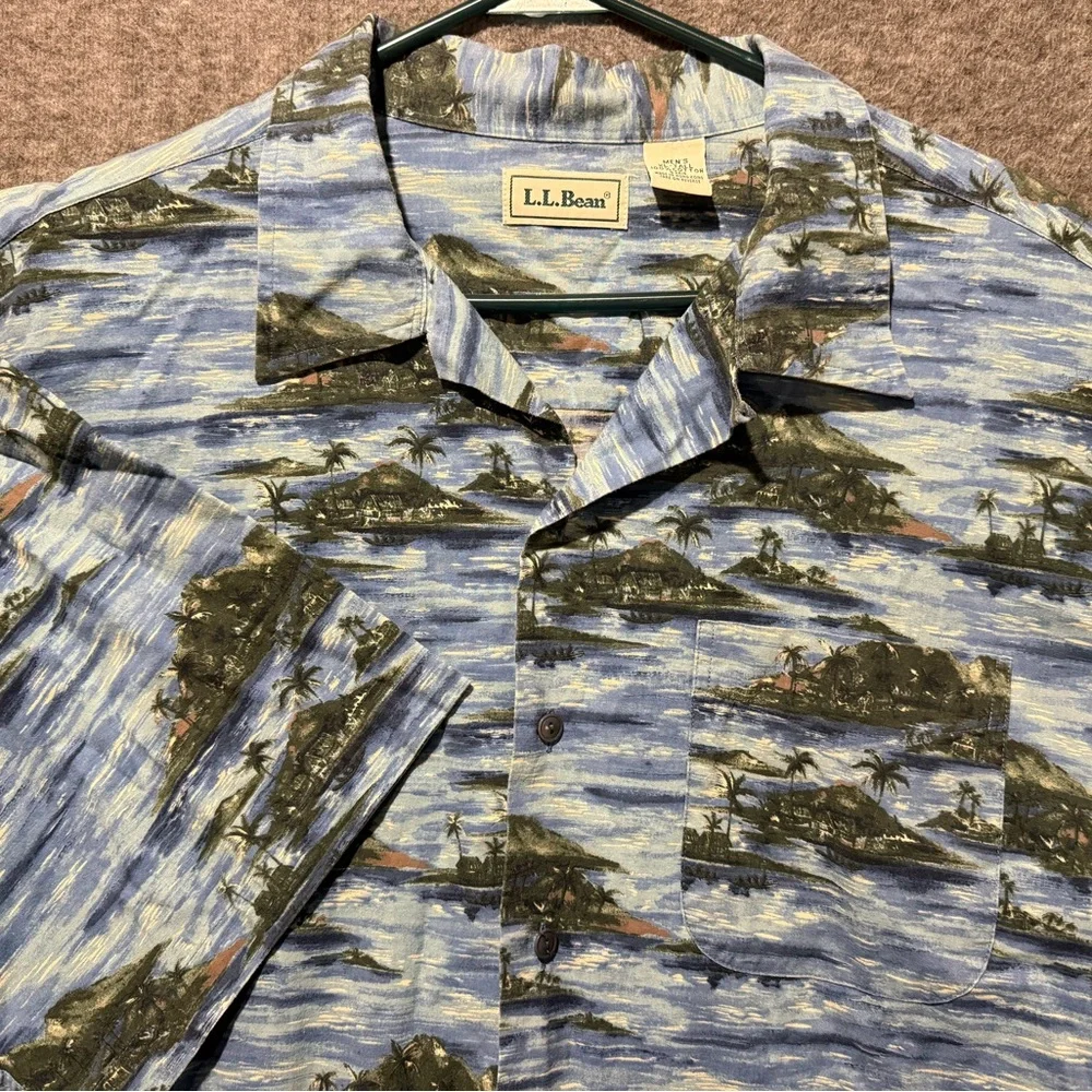 LL Bean Vtg Hawaiian Shirt Mens XLT blue button up graphic ocean beach tropical